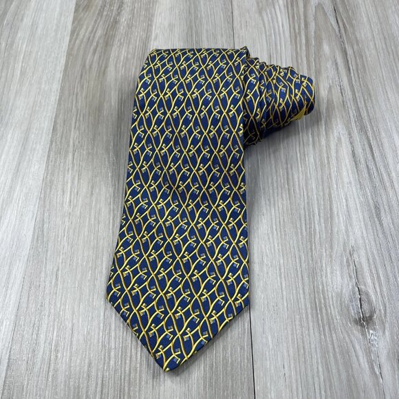 Salvatore Ferragamo Tie Mens Blue Gold Print Geometric Silk Luxury Necktie - Picture 1 of 8